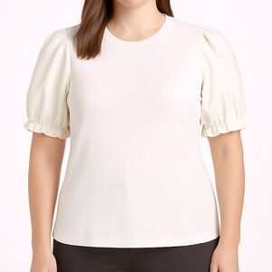 Mittoshop White Leather Puff Sleeve Ribbed Stretch Knit Fitted Blouse Size Large